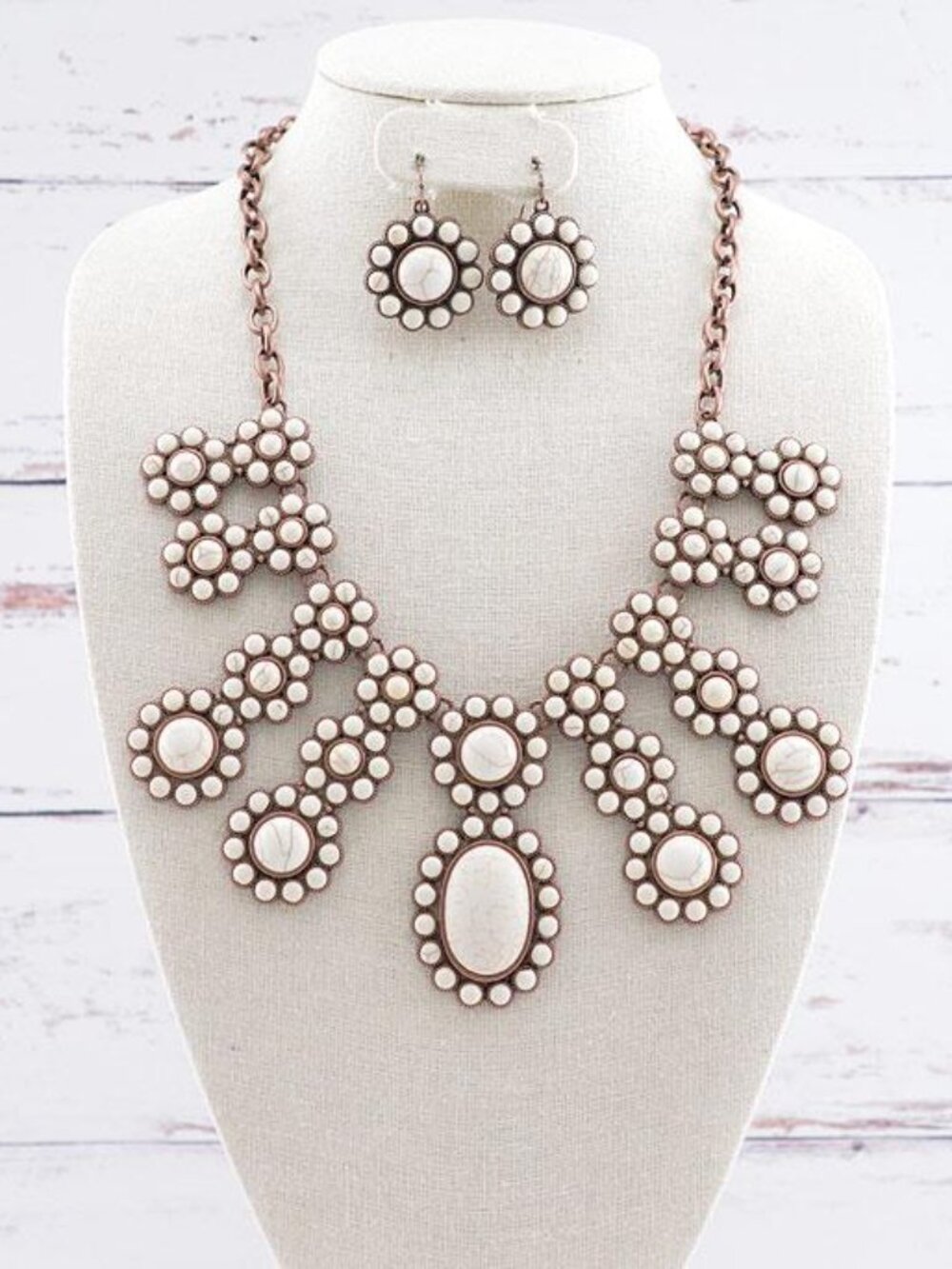 White Howlite Stone Copper Chain Western Boho Statement Necklace Earrings SET